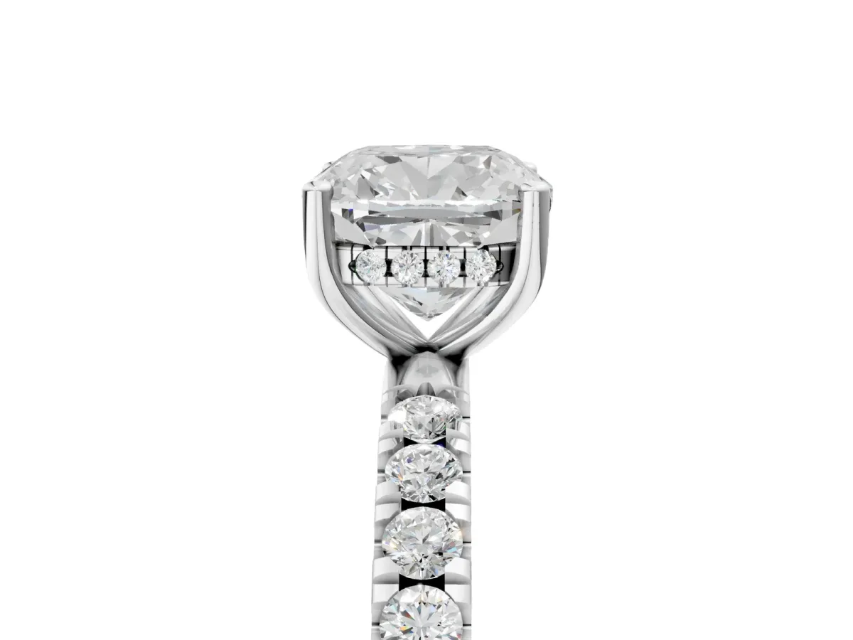 Cushion Cut Diamond Pave Band Solitaire Ring with Round Moissanite and Prong Setting Platinum
