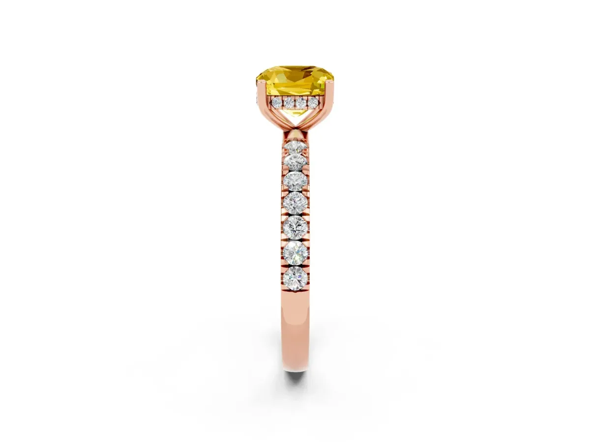 Cushion Cut Yellow Sapphire Pave Band Solitaire Ring with Round and Prong Setting Rose gold
