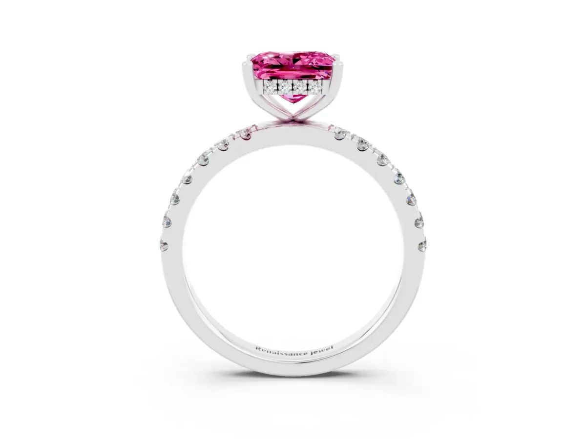 Princess Cut Pink Sapphire Pave Band Solitaire Ring with Round and Prong Setting Platinum