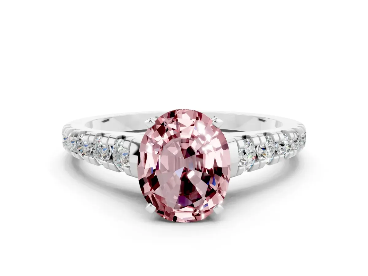 Oval Cut Morganite Cathedral Solitaire Ring with Round Pavé Band Silver