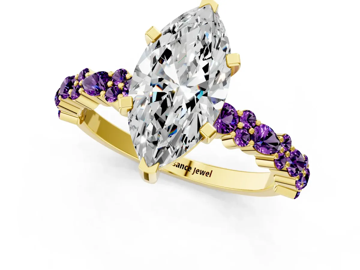 Marquise Cut Diamond Side Stone Solitaire Ring with Round Amethyst and Four-Prong Setting Yellow gold