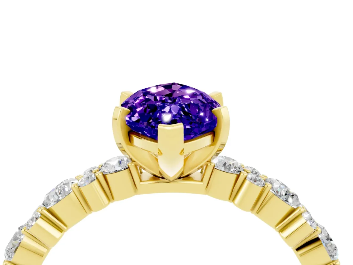 Marquise Cut Tanzanite Side Stone Solitaire Ring with Round and Four-Prong Setting Yellow gold