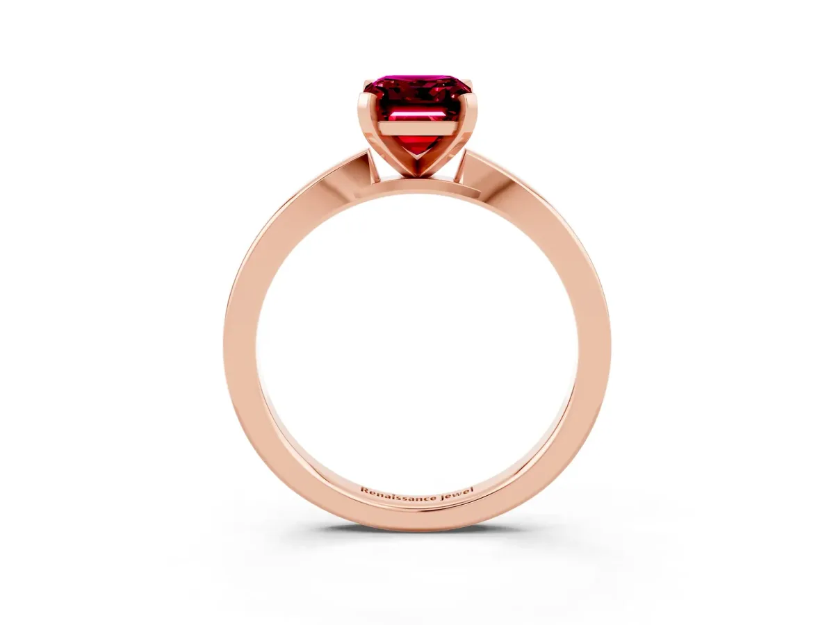 Emerald Cut Garnet Solitaire Engagement Ring with Classic Band and Four-Prong Setting Rose gold