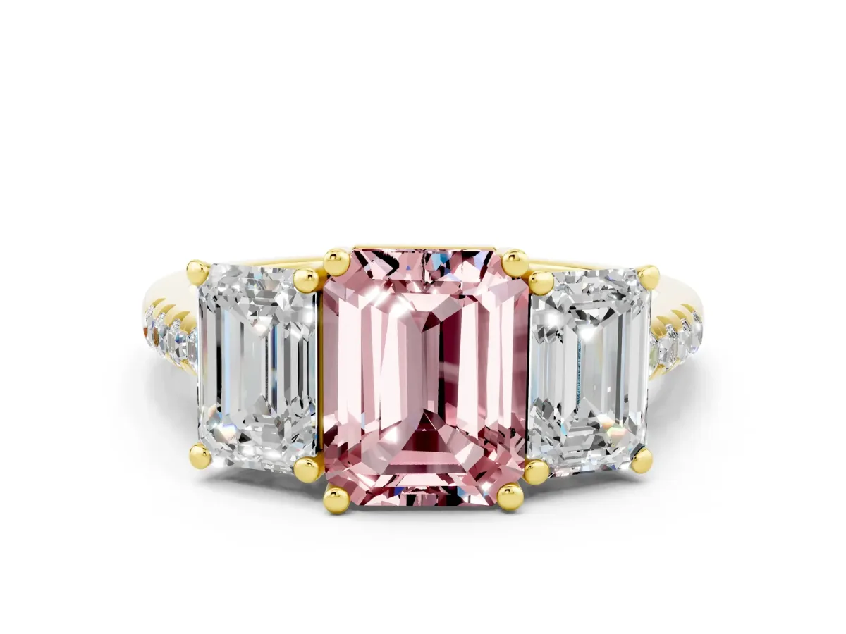 Three-Stone Emerald Cut Morganite Ring with Round Pavé Band and Prong Setting Yellow gold