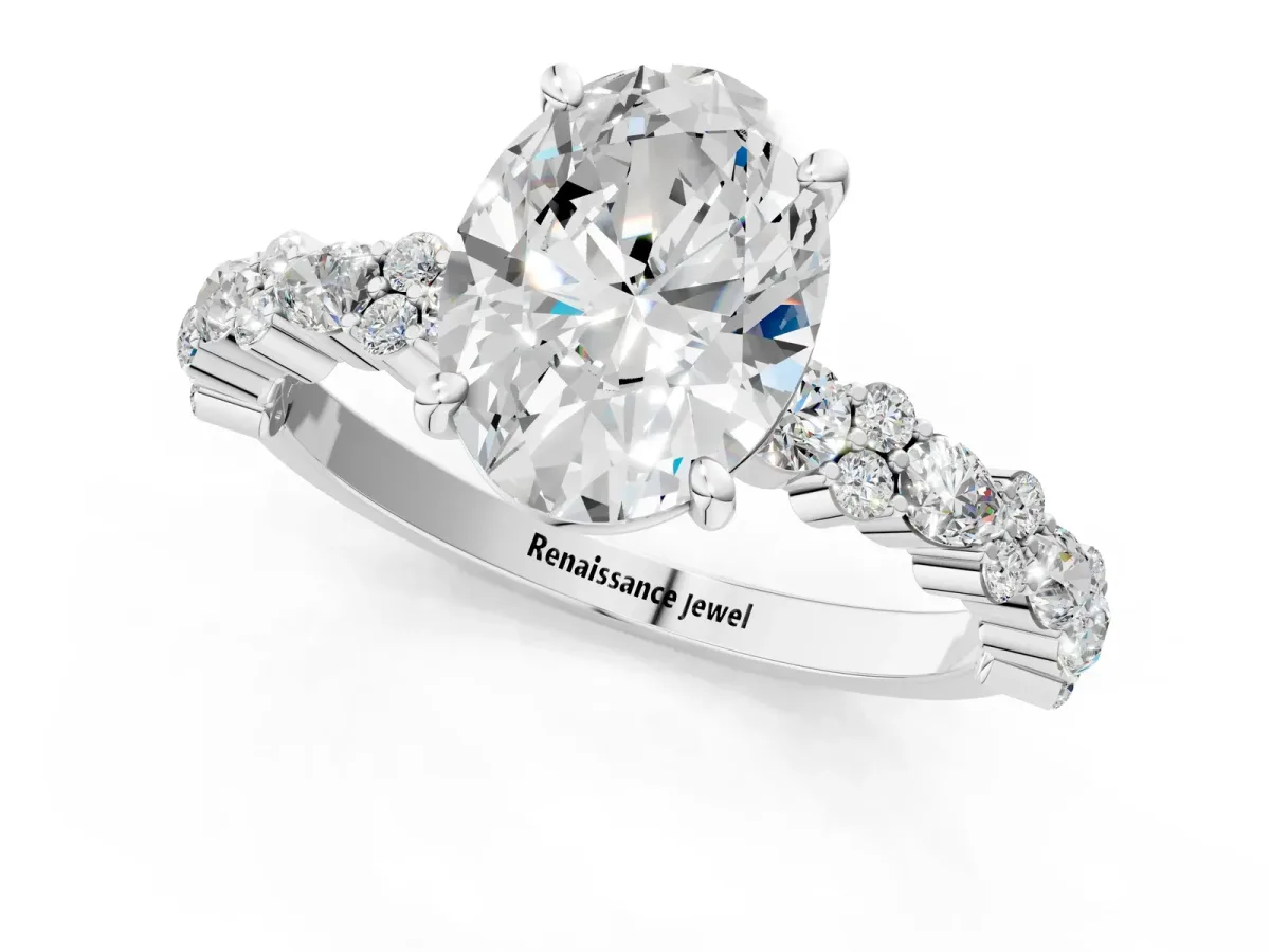 Oval Cut Diamond Side Stone Solitaire Ring with Round Moissanite and Four-Prong Setting White gold