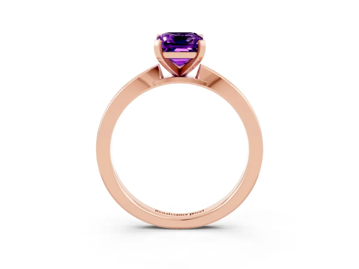 Emerald Cut Amethyst Solitaire Engagement Ring with Classic Band and Four-Prong Setting Rose gold