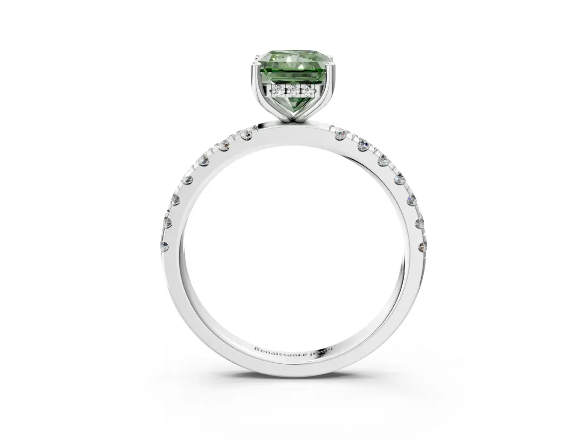 Fancy Green Radiant Cut Diamond Pave Band Solitaire Ring with Round and Prong Setting Silver