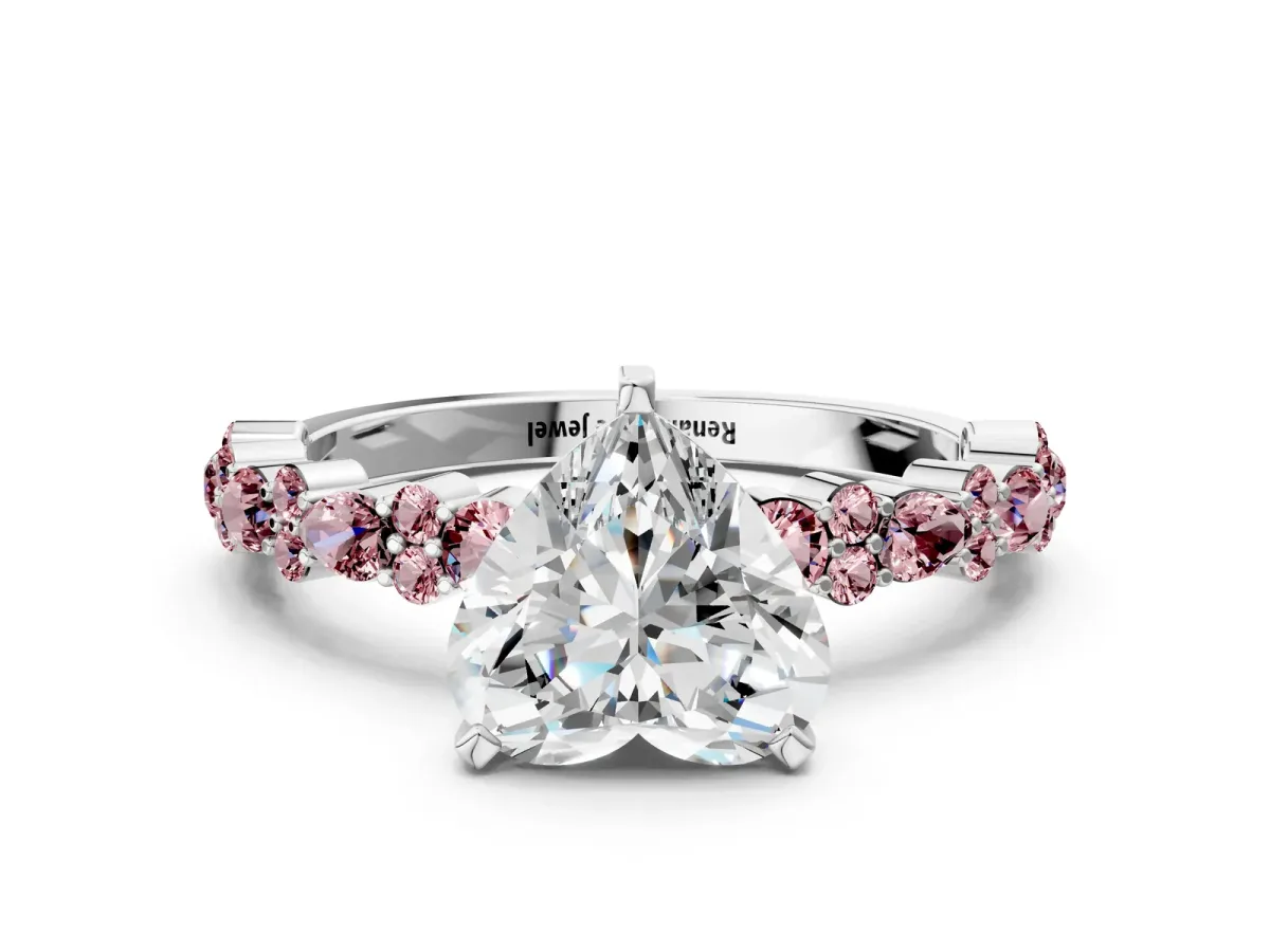 Heart Cut Diamond Side Stone Solitaire Ring with Round Morganite and Four-Prong Setting Platinum