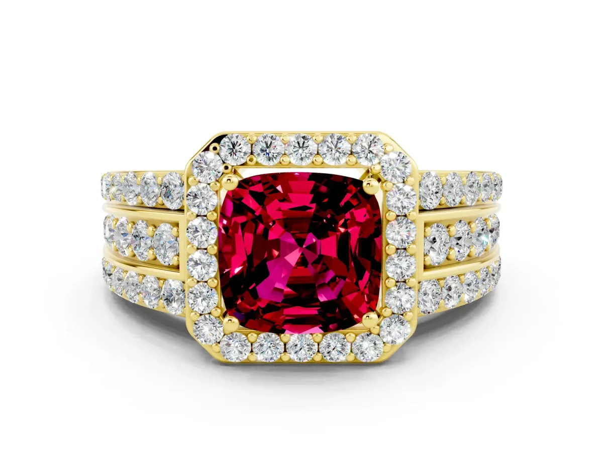 Cushion Cut Halo Garnet Ring with Round Split Shank and Prong Setting Yellow gold