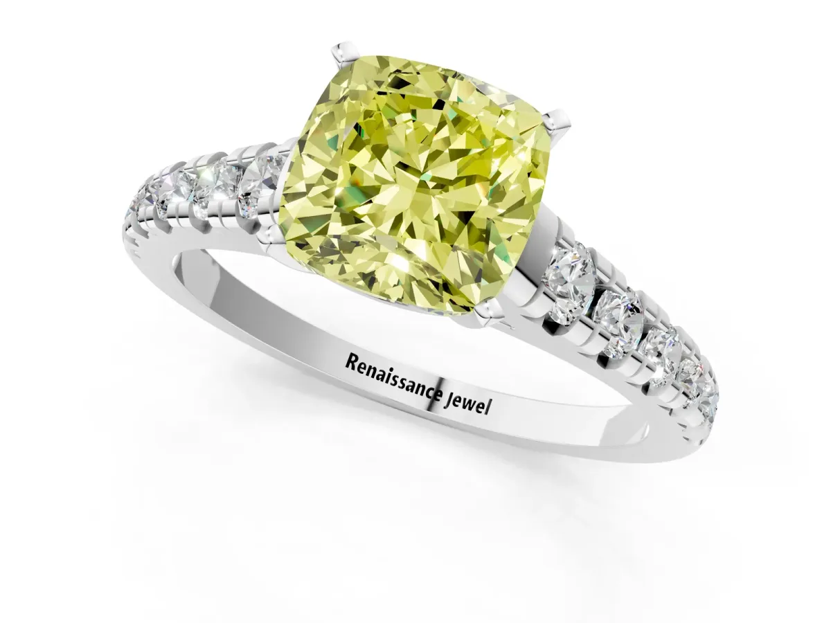 Fancy Yellow Cushion Cut Diamond Cathedral Solitaire Ring with Round Pavé Band White gold
