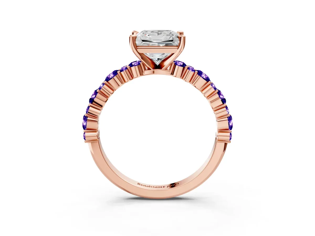 Princess Cut Diamond Side Stone Solitaire Ring with Round Tanzanite and Four-Prong Setting Rose gold