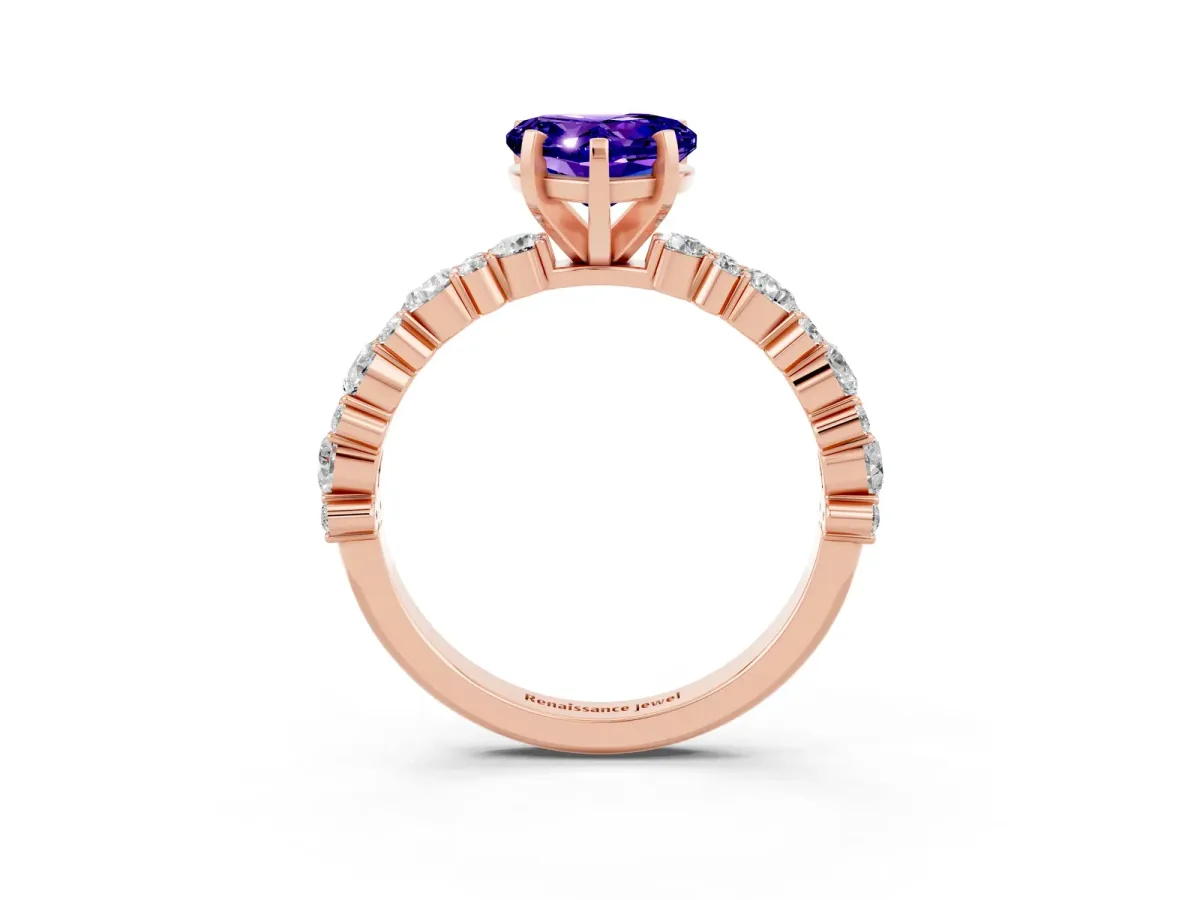 Heart Cut Tanzanite Side Stone Solitaire Ring with Round and Four-Prong Setting Rose gold