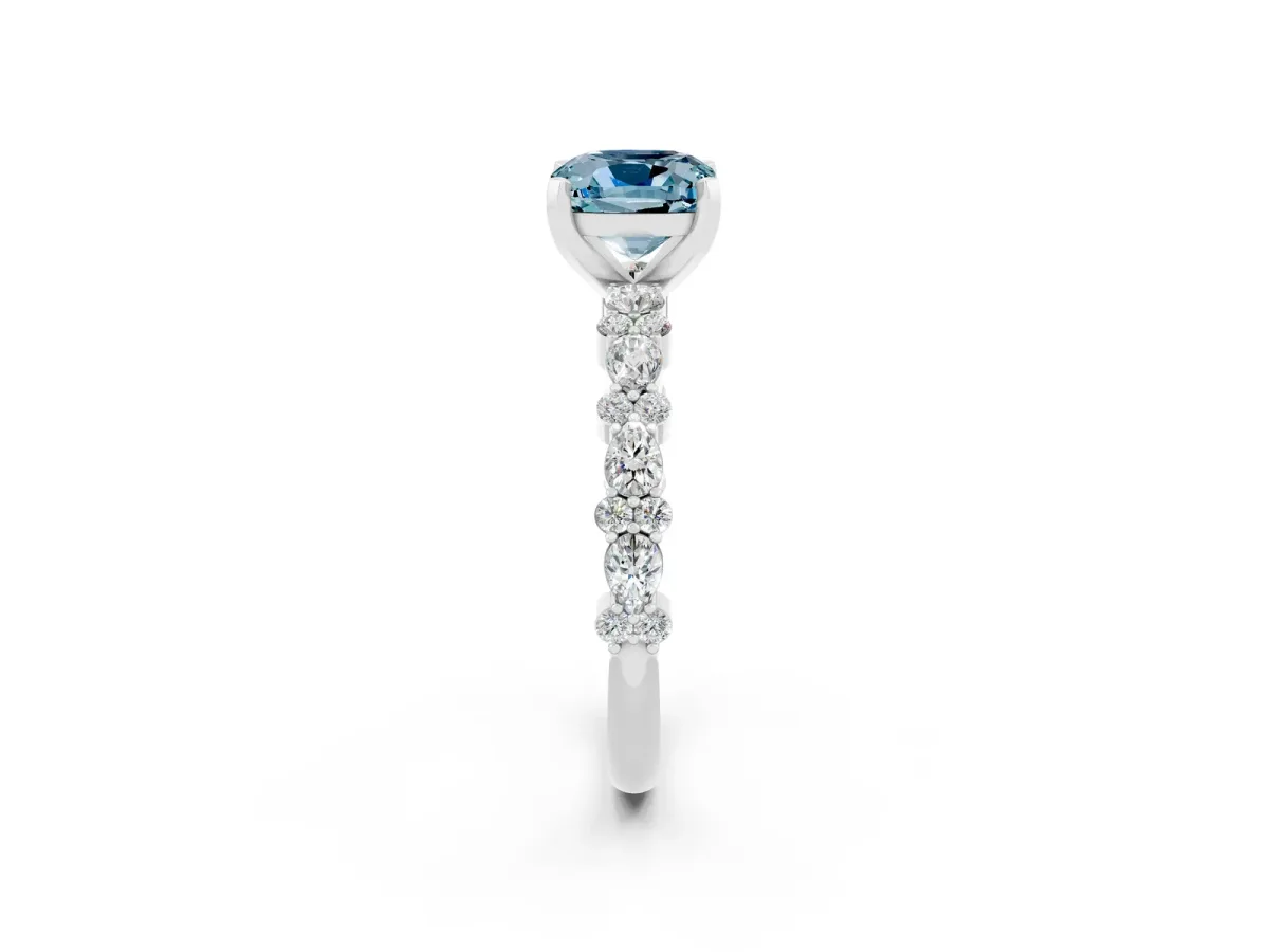 Cushion Cut Aquamarine Side Stone Solitaire Ring with Round and Four-Prong Setting White gold