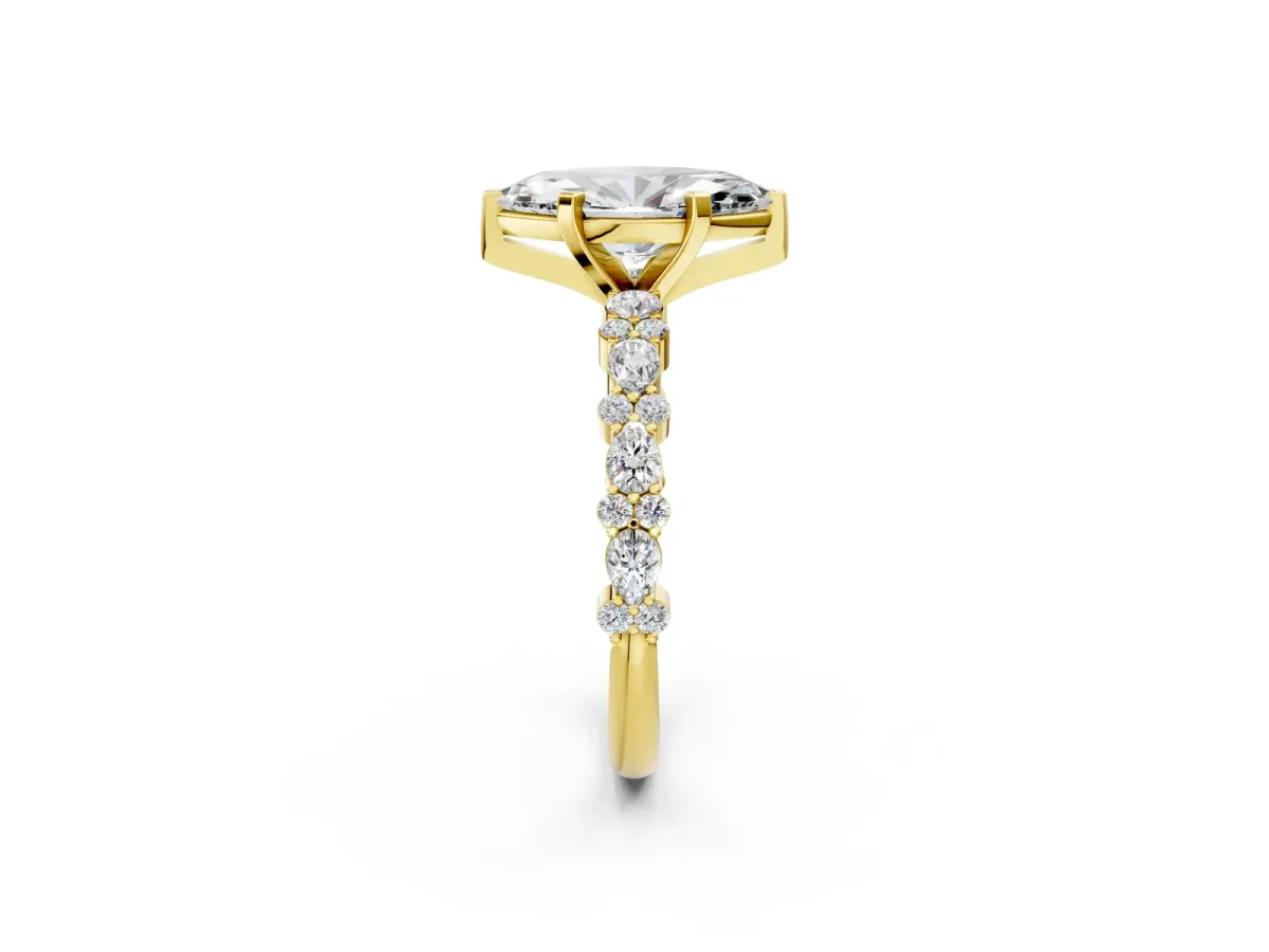 Marquise Cut Diamond Side Stone Solitaire Ring with Round Moissanite and Four-Prong Setting Yellow gold