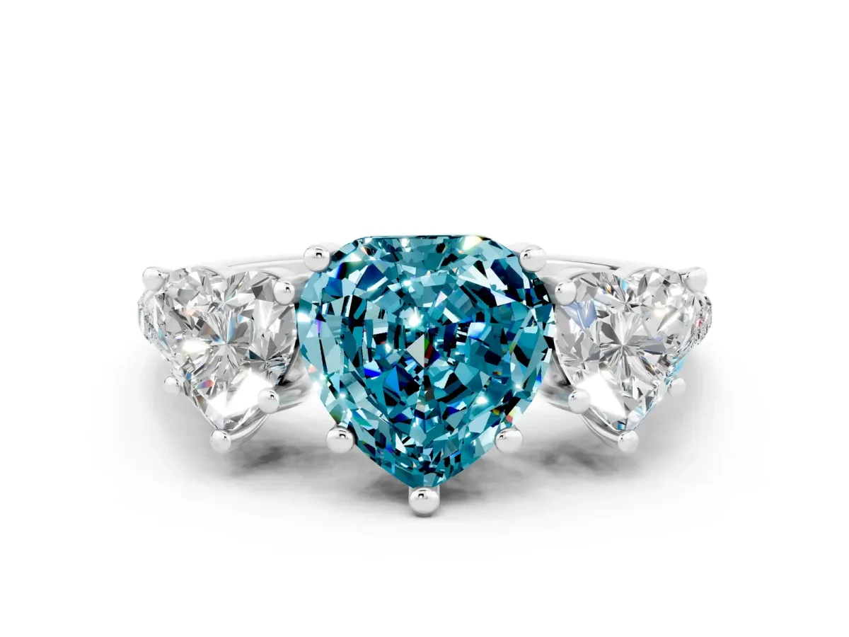 Three-Stone Heart Cut Blue Topaz Ring with Round Pavé Band and Prong Setting Silver