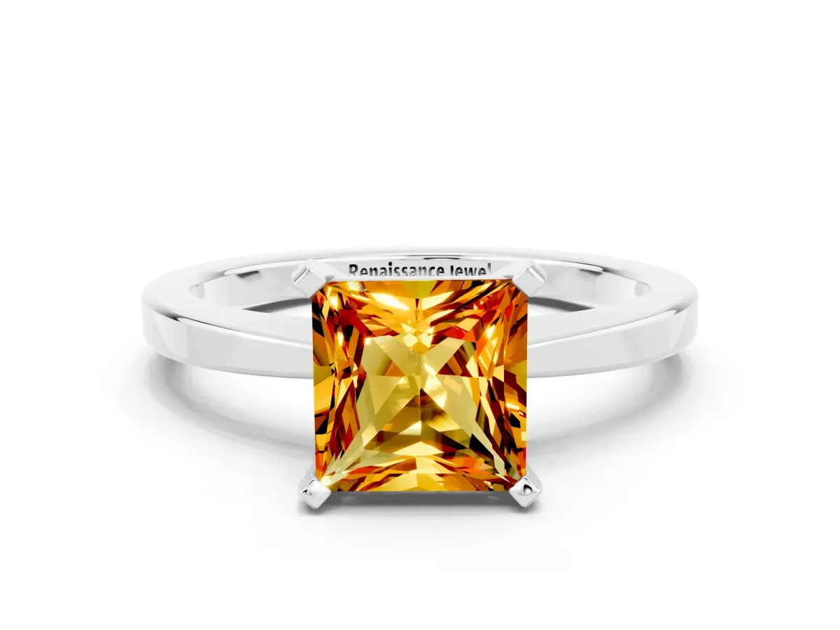 Princess Cut Citrine Solitaire Engagement Ring with Classic Band and Four-Prong Setting Silver