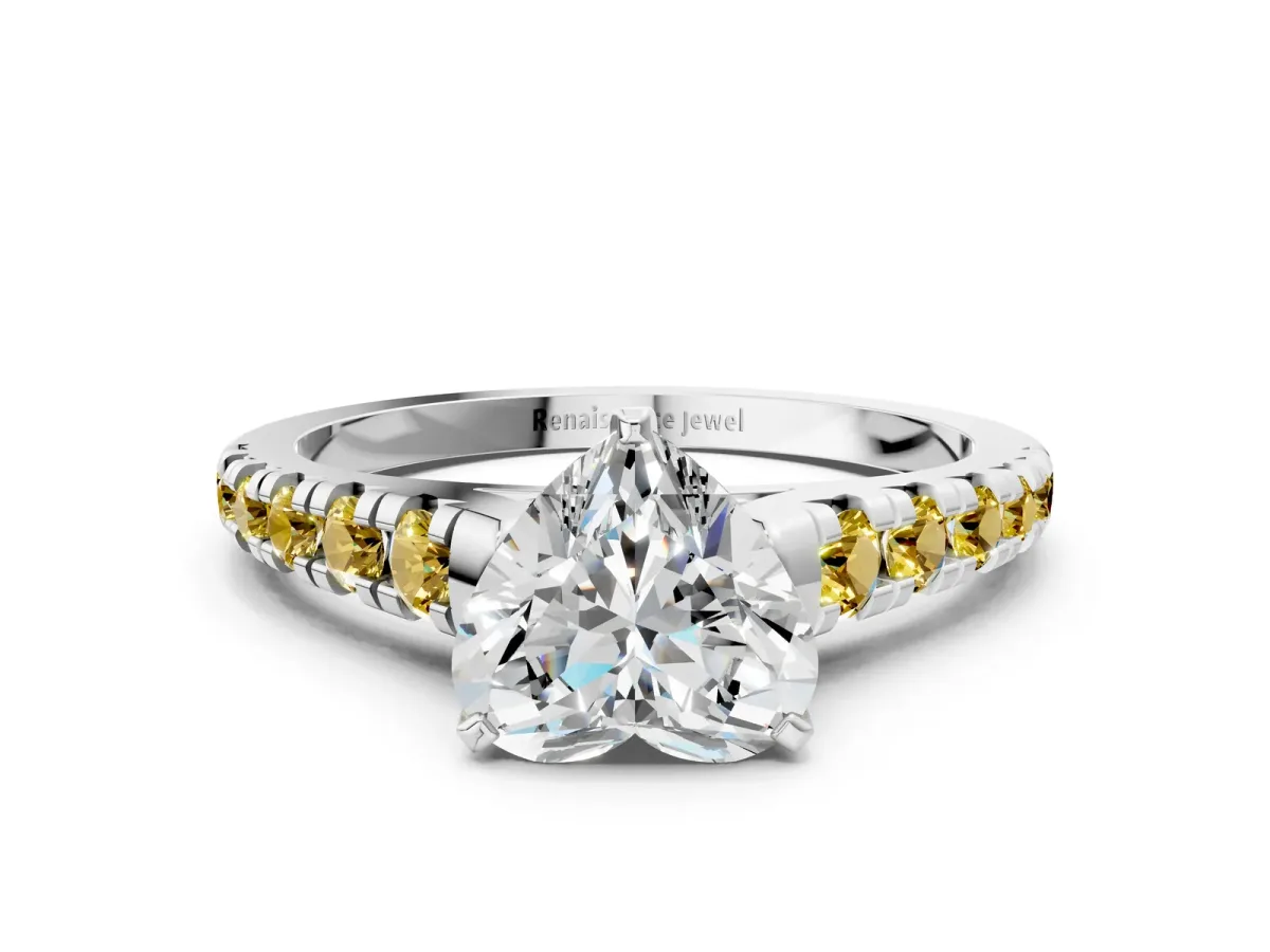 Heart Cut Diamond Cathedral Solitaire Ring with Round Yellow Sapphire Pavé Band Silver