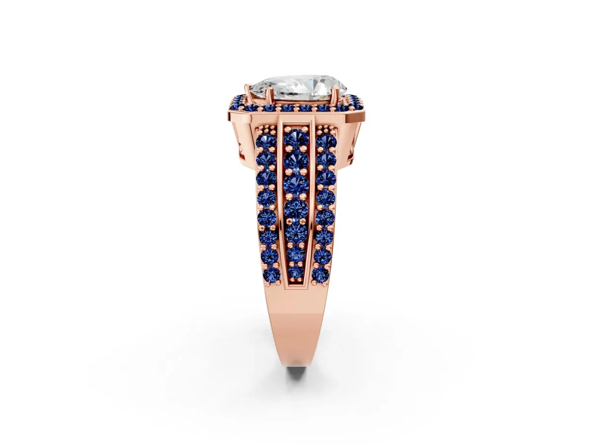 Pear Cut Halo Diamond Ring with Round Blue Sapphire Split Shank and Prong Setting Rose gold