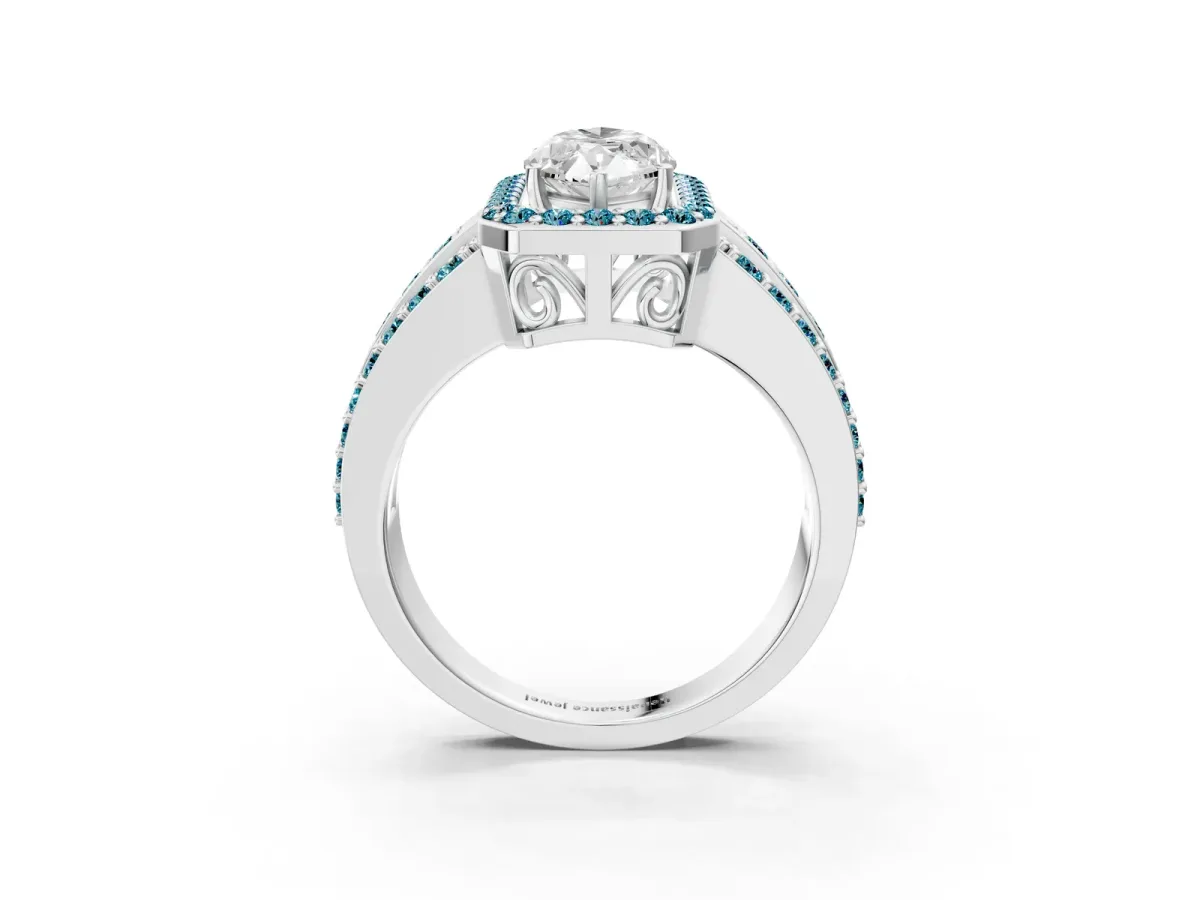 Marquise Cut Halo Diamond Ring with Round Blue Topaz Split Shank and Prong Setting Silver