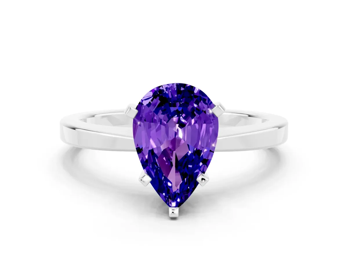 Pear Cut Tanzanite Solitaire Engagement Ring with Classic Band and Four-Prong Setting Platinum