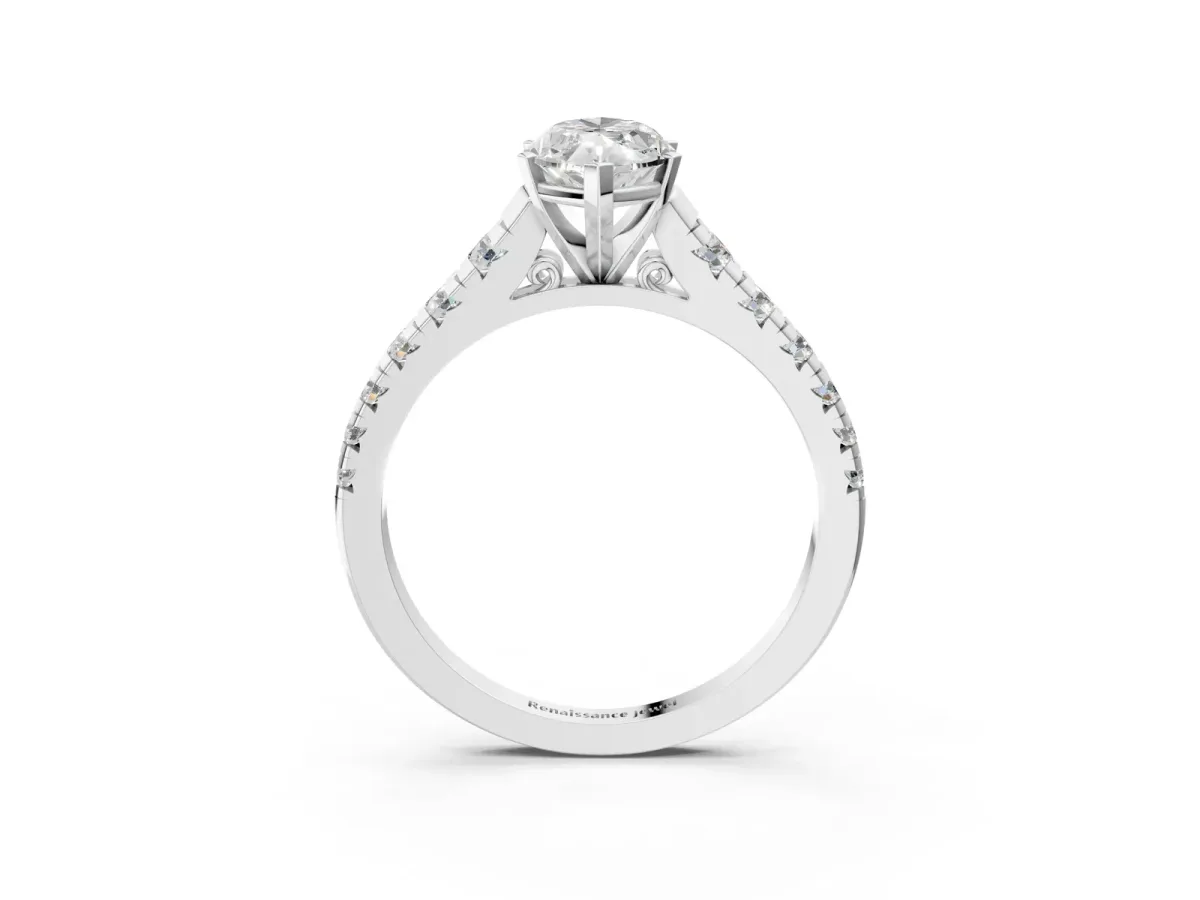 Marquise Cut Diamond Cathedral Solitaire Ring with Round Moissanite Pavé Band Platinum