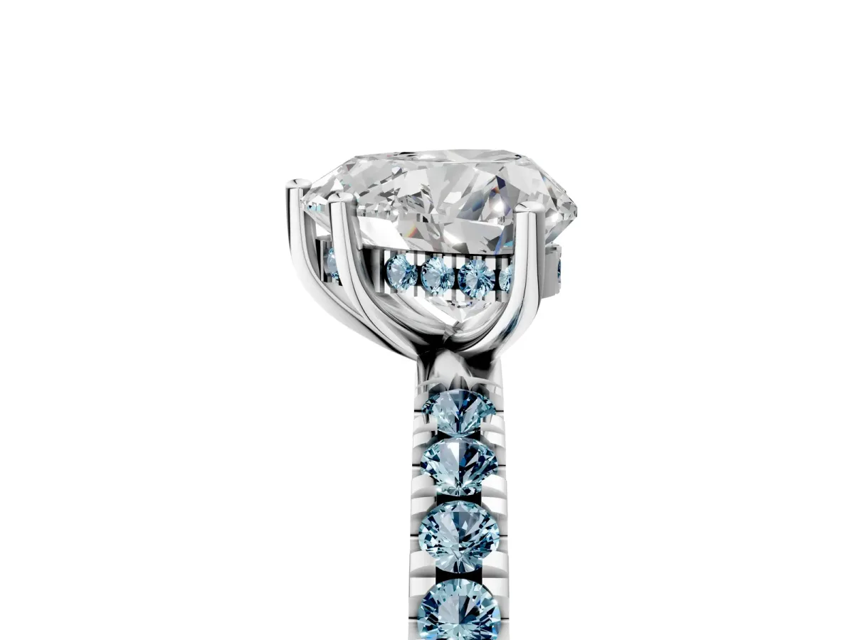 Heart Cut Diamond Pave Band Solitaire Ring with Round Aquamarine and Prong Setting Silver