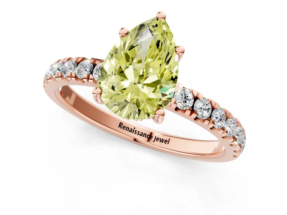 Fancy Yellow Pear Cut Diamond Pave Band Solitaire Ring with Round and Prong Setting Rose gold