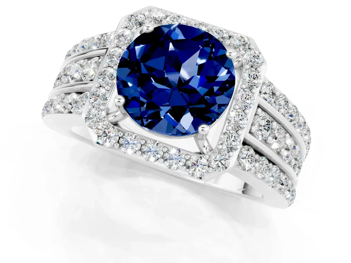 Round Cut Halo Blue Sapphire Ring with Round Split Shank and Prong Setting Silver