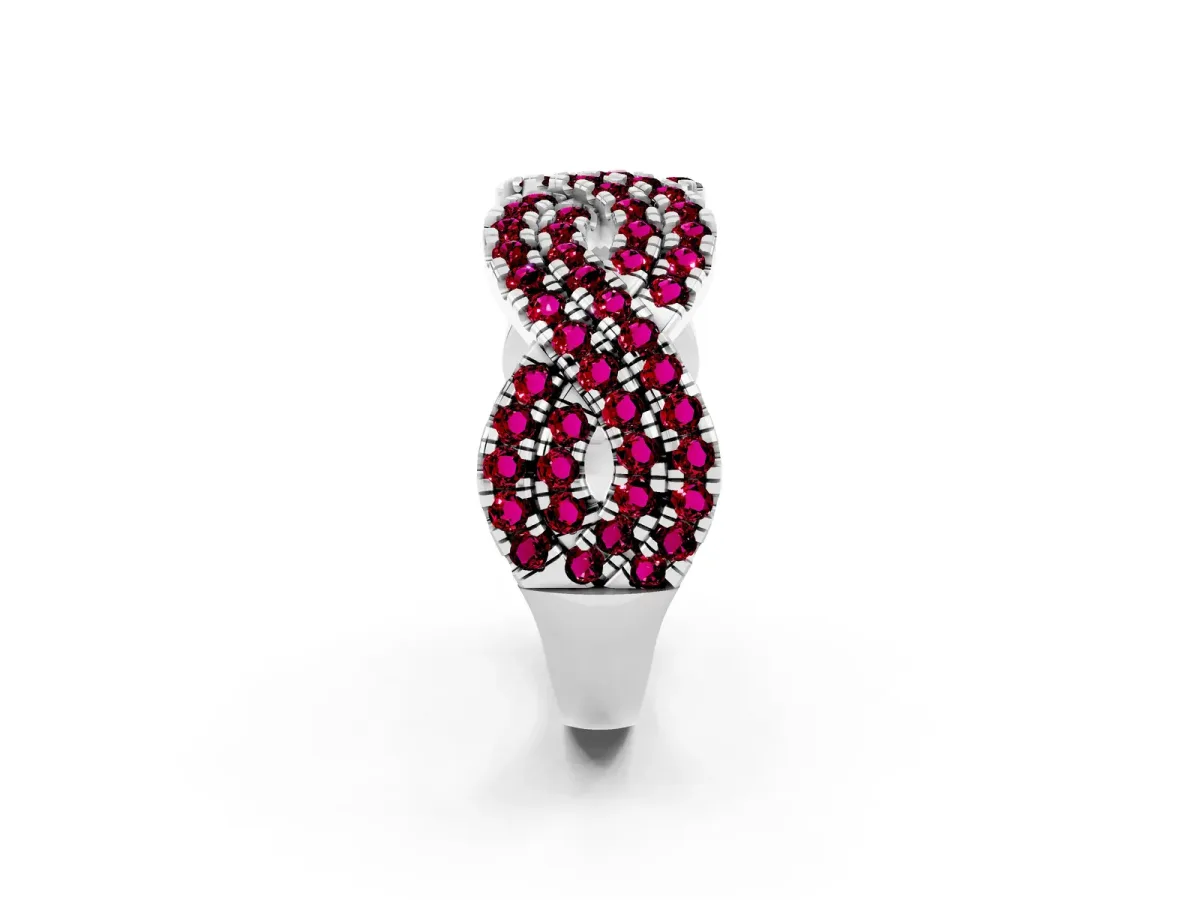 Pavé Round Garnet Infinity Twist Band with Shared Prong Setting Platinum