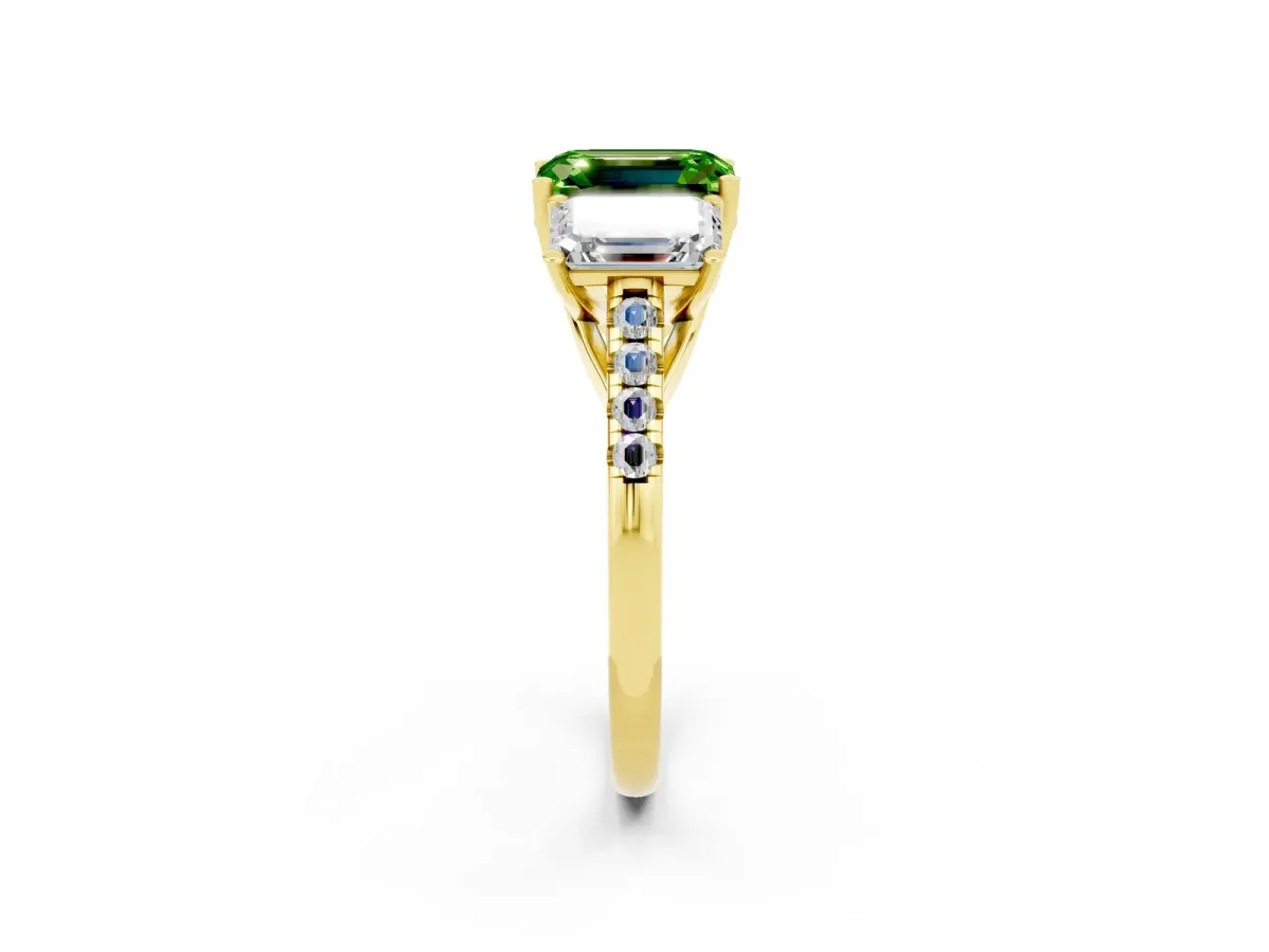 Three-Stone Emerald Cut Peridot Ring with Round Pavé Band and Prong Setting Yellow gold