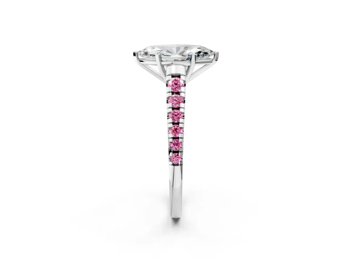 Marquise Cut Diamond Cathedral Solitaire Ring with Round Pink Sapphire Pavé Band Silver