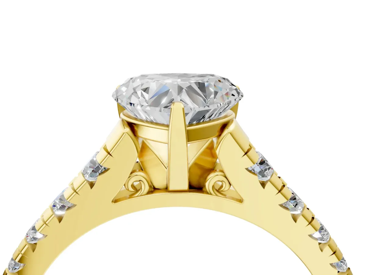Heart Cut Diamond Cathedral Solitaire Ring with Round Pavé Band Yellow gold
