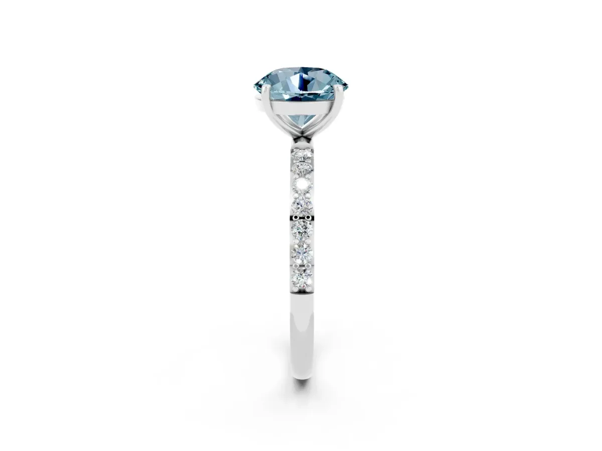 Round Cut Aquamarine Solitaire Ring with Round Pavé Band and Prong Setting Platinum