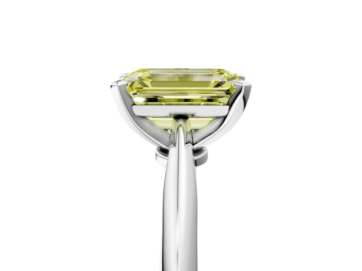 Fancy Yellow Emerald Cut Diamond Solitaire Engagement Ring with Classic Band and Four-Prong Setting White gold
