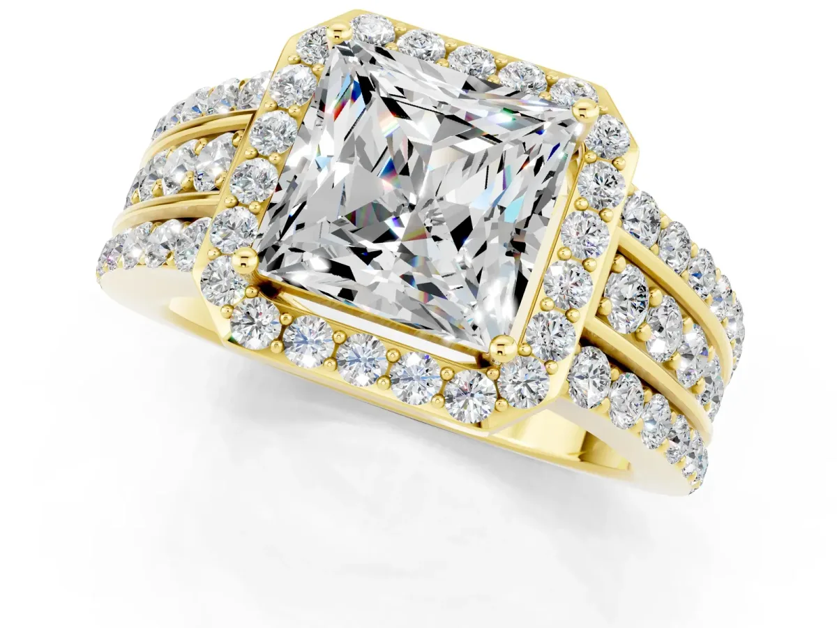 Princess Cut Halo Moissanite Ring with Round Split Shank and Prong Setting Yellow gold