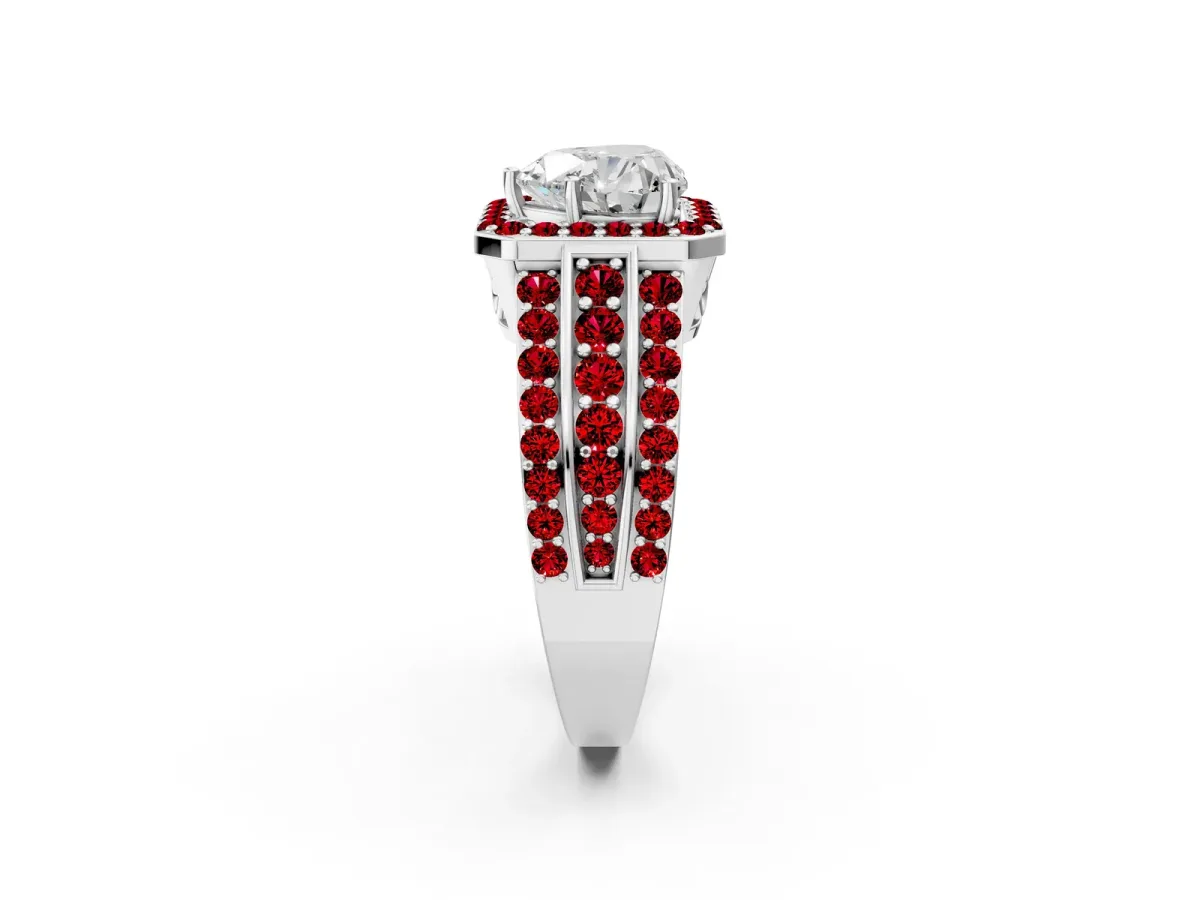 Heart Cut Halo Diamond Ring with Round Ruby Split Shank and Prong Setting Silver