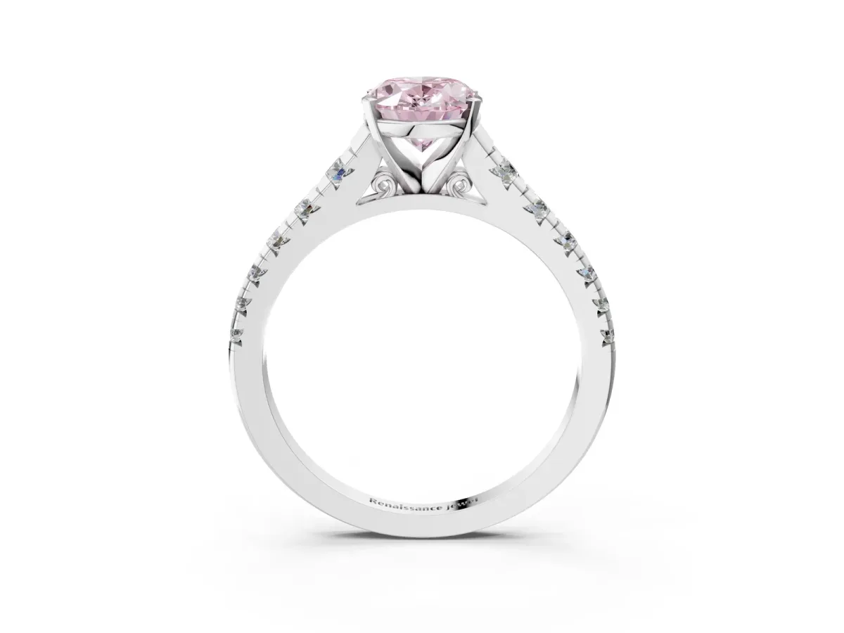 Fancy Pink Oval Cut Diamond Cathedral Solitaire Ring with Round Pavé Band White gold
