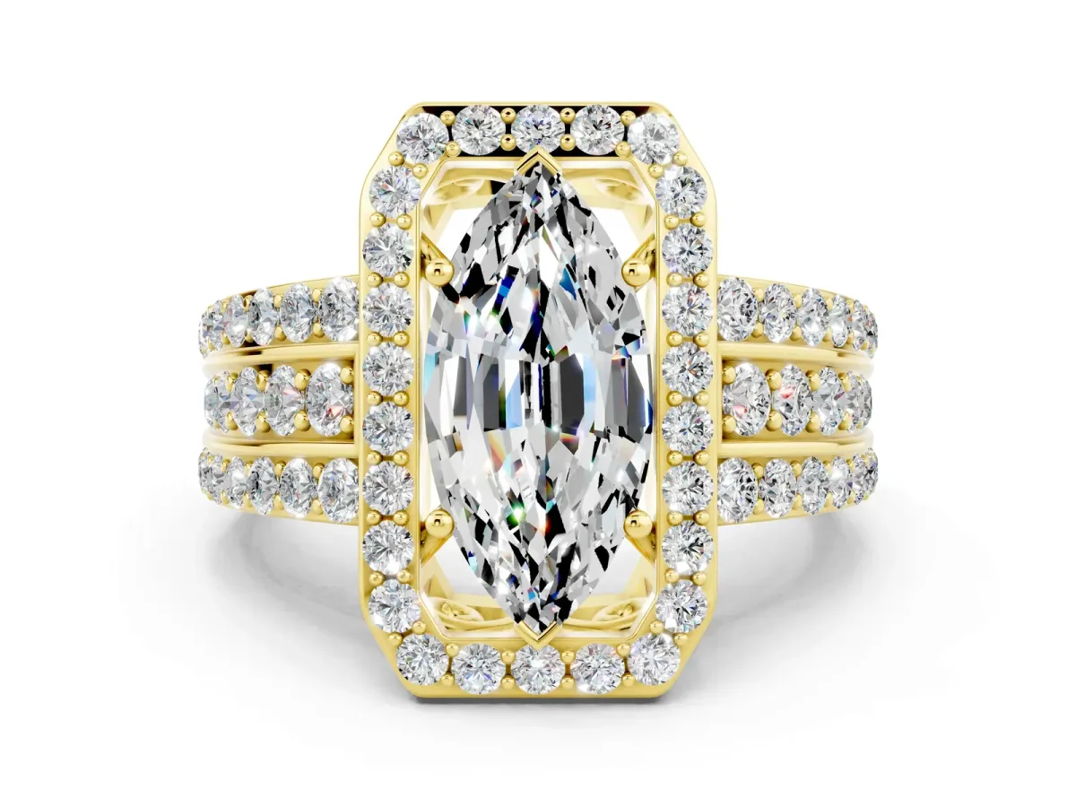 Marquise Cut Halo Moissanite Ring with Round Split Shank and Prong Setting Yellow gold