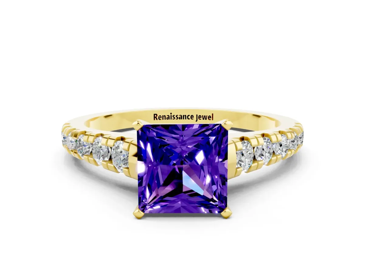 Princess Cut Tanzanite Cathedral Solitaire Ring with Round Pavé Band Yellow gold