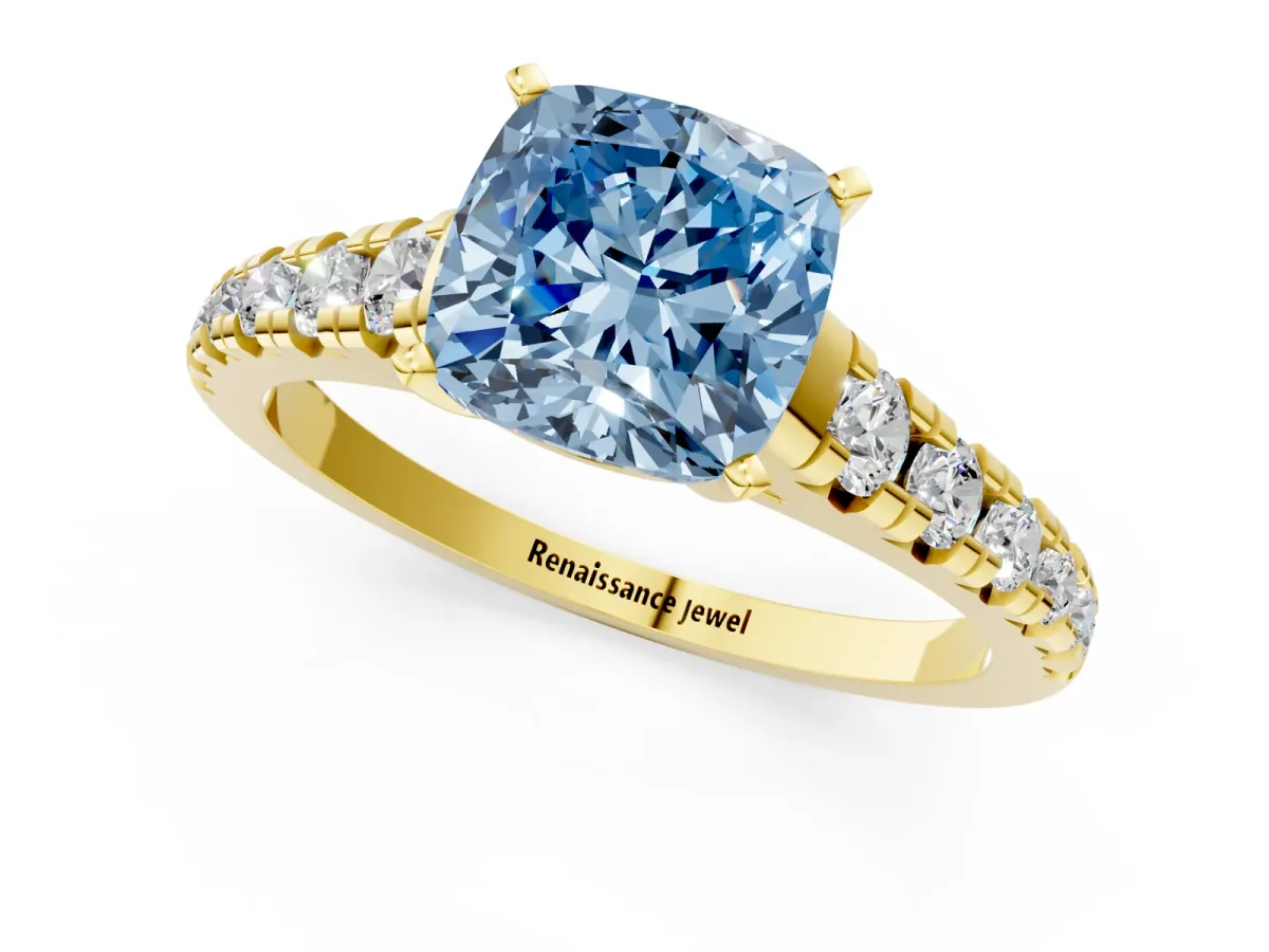 Fancy Blue Cushion Cut Diamond Cathedral Solitaire Ring with Round Pavé Band Yellow gold