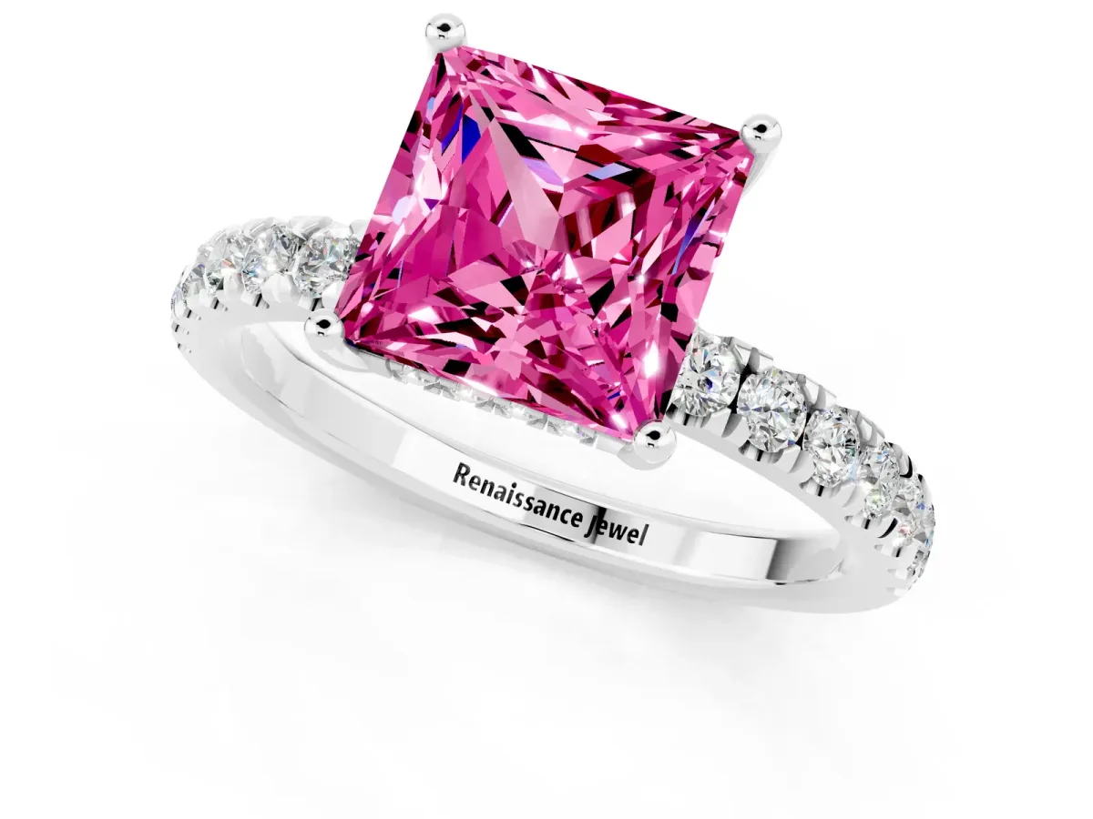 Princess Cut Pink Sapphire Pave Band Solitaire Ring with Round and Prong Setting Platinum