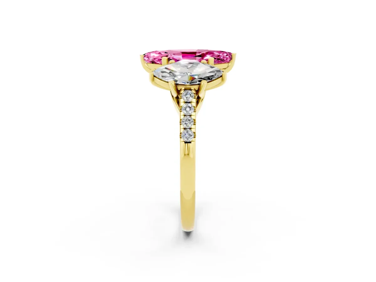 Three-Stone Marquise Cut Pink Sapphire Ring with Round Pavé Band and Prong Setting Yellow gold