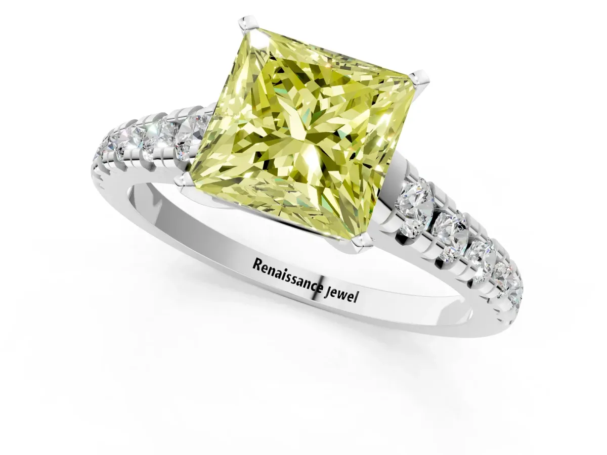 Fancy Yellow Princess Cut Diamond Cathedral Solitaire Ring with Round Pavé Band Platinum