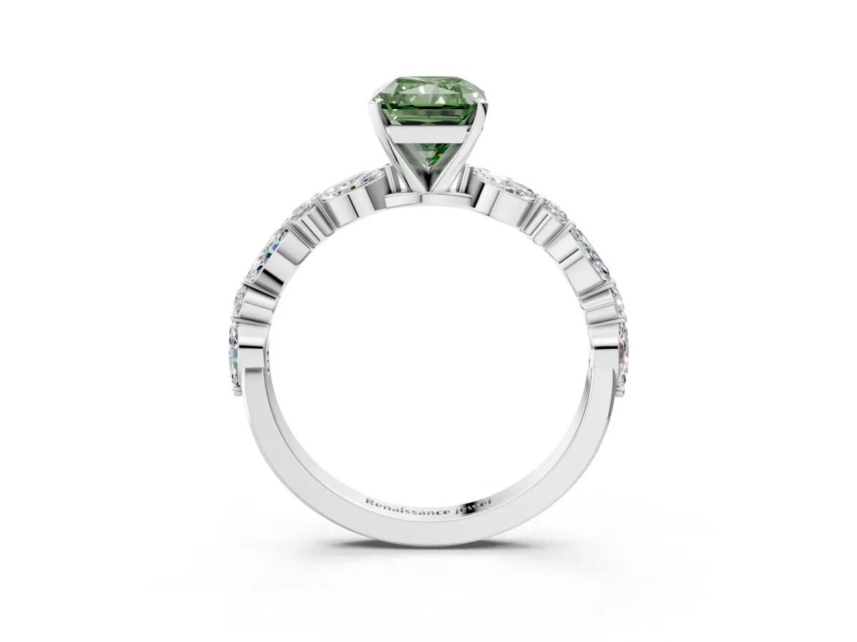 Fancy Green Radiant Cut Diamond Ring with Marquise and Round Side Stones and Four-Prong Setting Silver