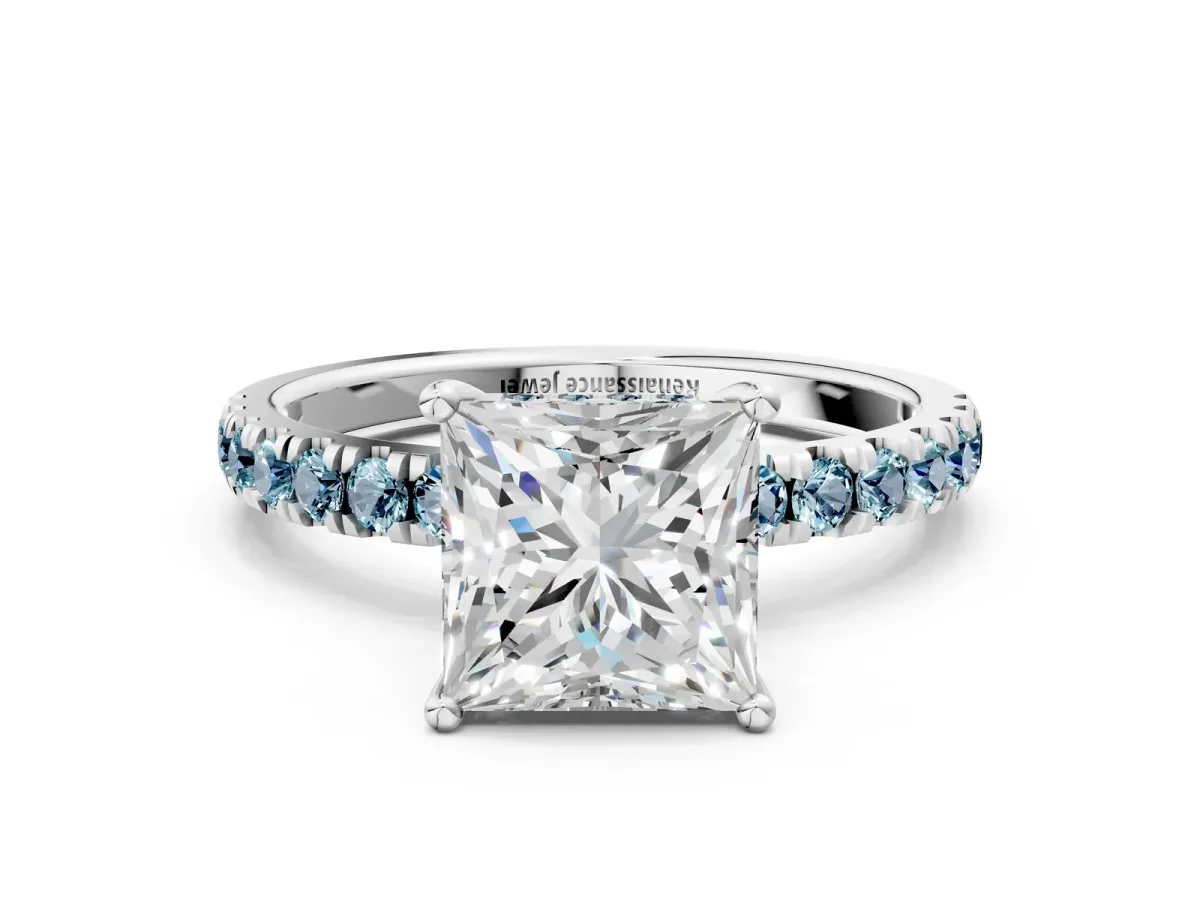 Princess Cut Diamond Pave Band Solitaire Ring with Round Aquamarine and Prong Setting Silver