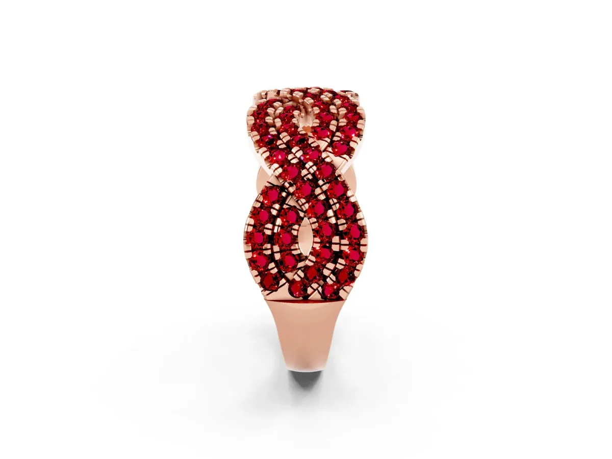 Pavé Round Ruby Infinity Twist Band with Shared Prong Setting Rose gold