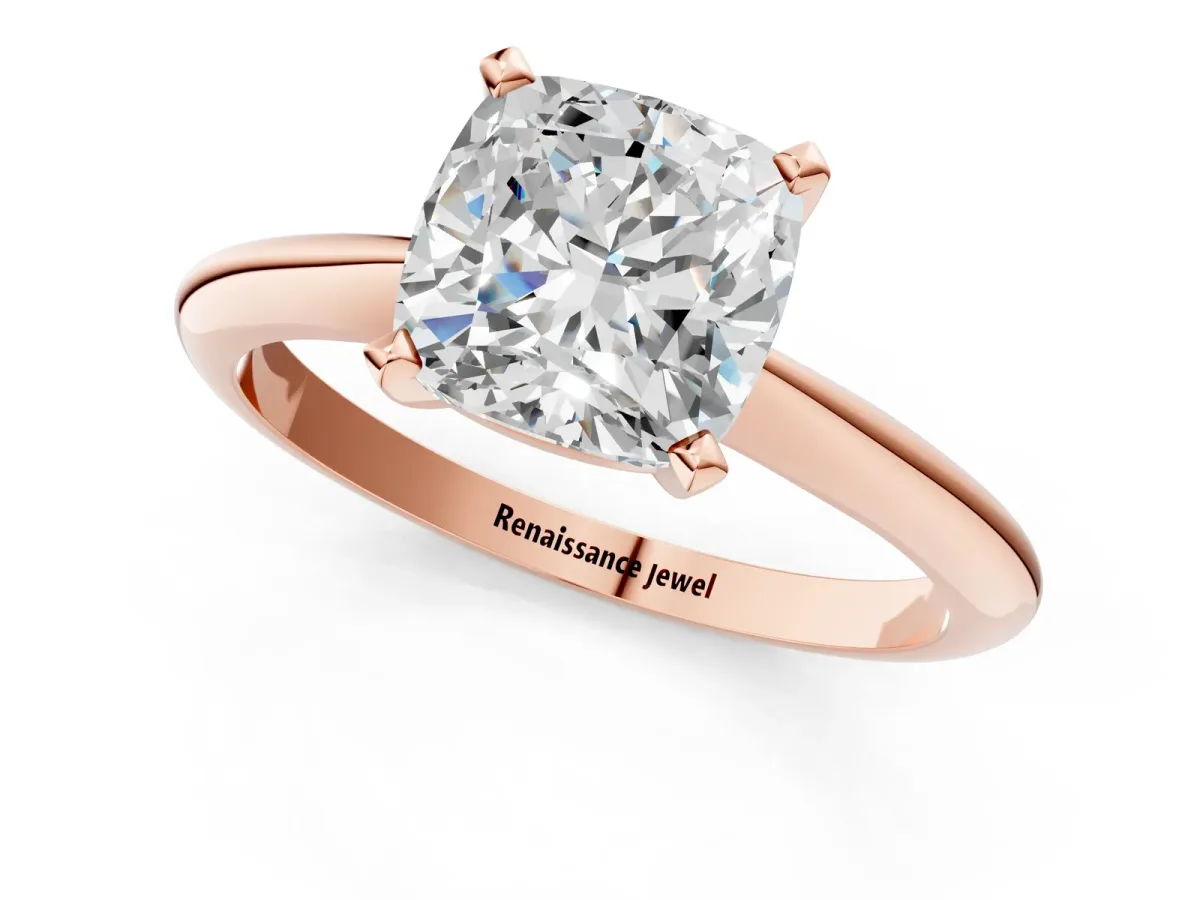 Cushion Cut Diamond Solitaire Engagement Ring with Classic Band and Four-Prong Setting Rose gold