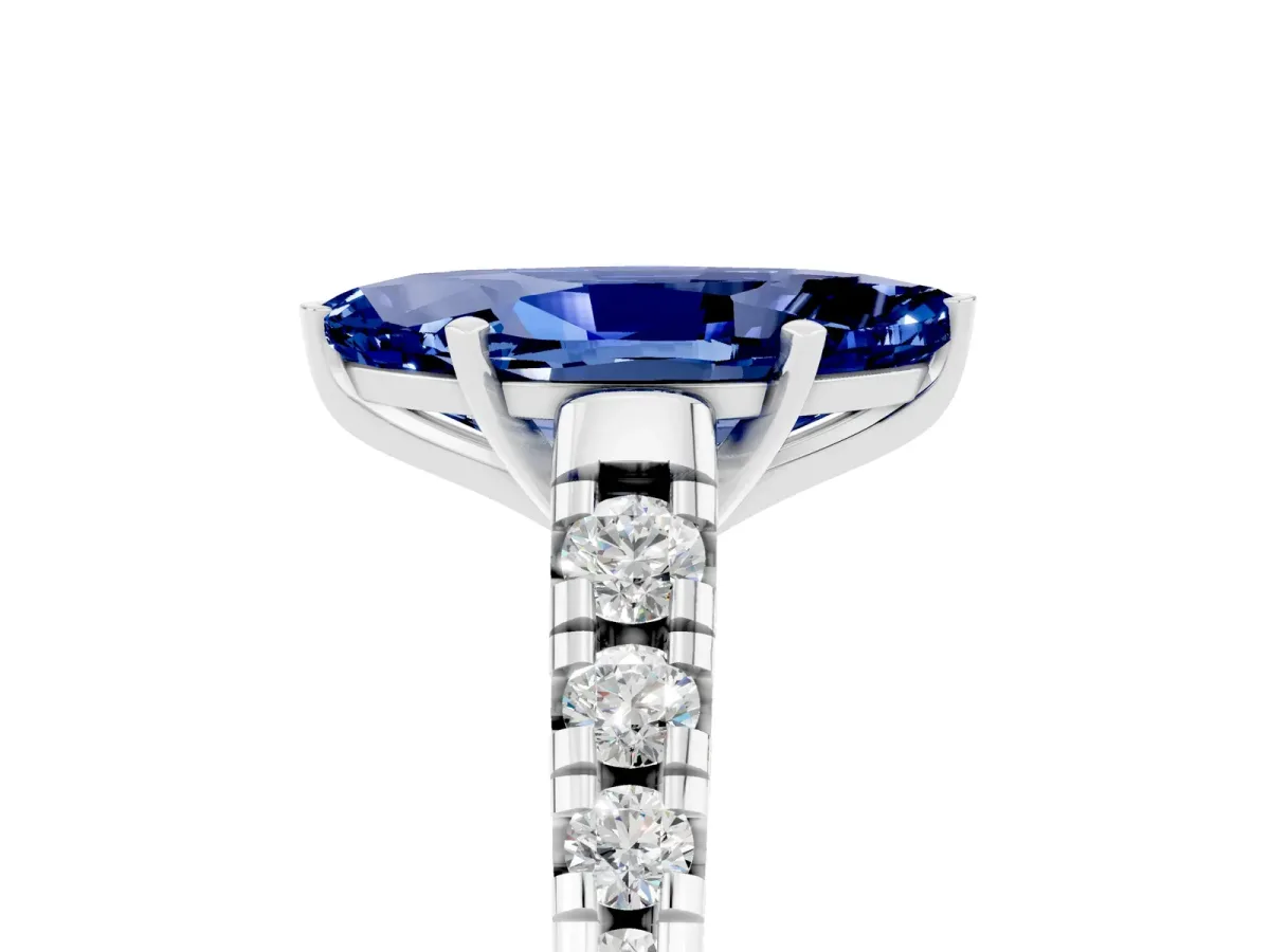 Marquise Cut Blue Sapphire Cathedral Solitaire Ring with Round Pavé Band Silver