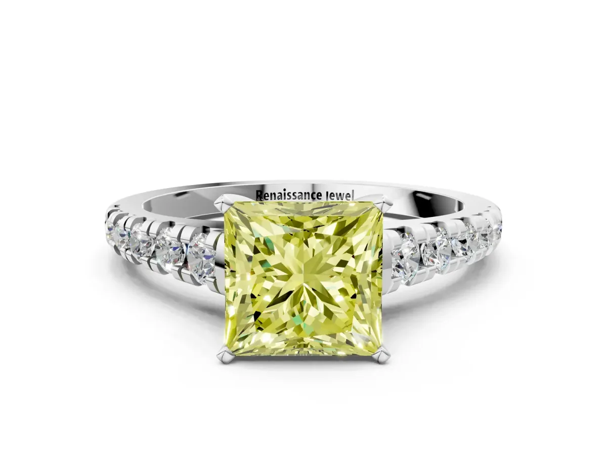 Fancy Yellow Princess Cut Diamond Cathedral Solitaire Ring with Round Pavé Band Platinum
