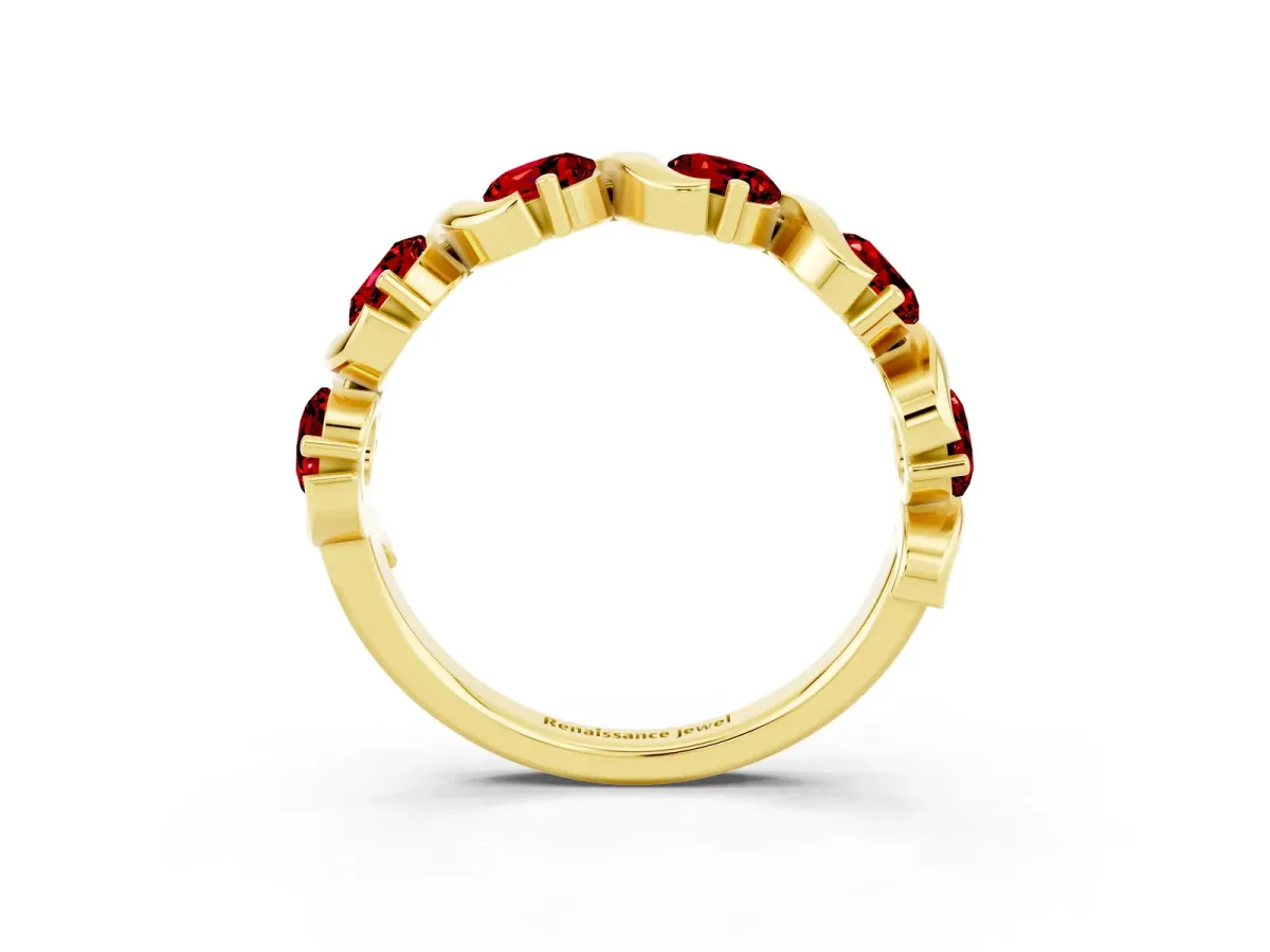Round Ruby Half Eternity Band with Wave Prong Setting Yellow gold